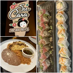 Geisha Roll, CA Roll and Beef Tacos, Rice &amp; Beans.