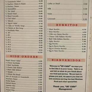 the menu for the restaurant