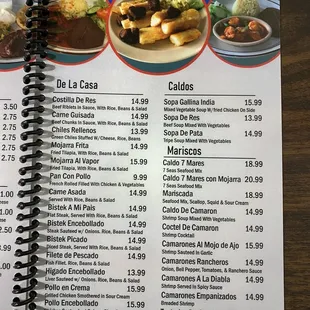 Specialty dishes, soups, seafood menu