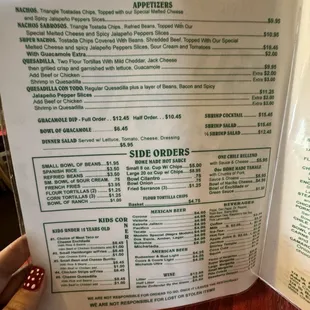 Menu appetizers and sides