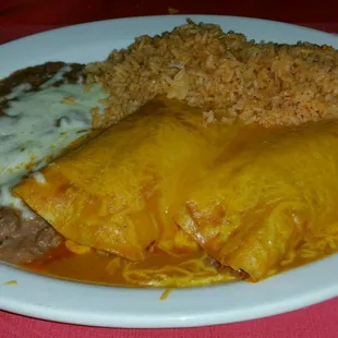 # 2 Beef enchiladas, with rice and beans.