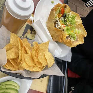 Chips, salad, and avocado