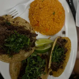 Carne Asada Taco, Chorizo Taco, Barbacoa Taco, and Rice