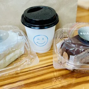 Coconut Cake, Chocolate Mousse Cake and Cafe con Leche