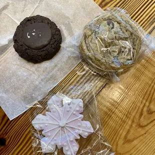 A sampling of their cookies- triple chocolate, funfetti sandwich, and iced snowflake sugar cookie