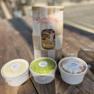 THREE AMIGOS - guac, bean &amp; queso dips with hand cut tortilla chips