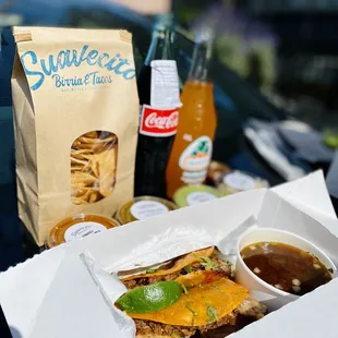 Quesabirrias, Chips &amp; Salsa, and Mexican Coke