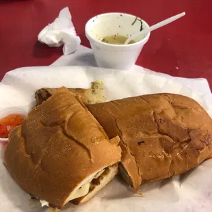 Turkey bacon sandwich, egg roll, and chicken noodle soup.