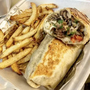 Steak Philly wrap and Fries