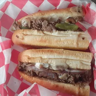 Philadelphia cheesesteak with peppers on using mushrooms! Season to perfection very tender beef, melted in my mouth!