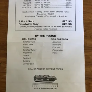 a menu for a sub shop