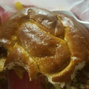 Pretzel bread! With barbecue beef and veggies!