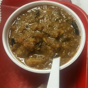 A blended beef veggie potato soup