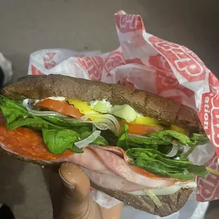 # 19. No BOLOG NA! All the way with spinach instead of lettuce. Added cucumbers, banana peppers, little Mayo  n mustard. sweet wheat roll