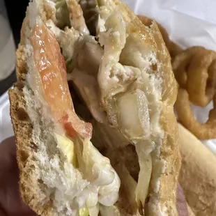 Inside of the chicken cheese steak!