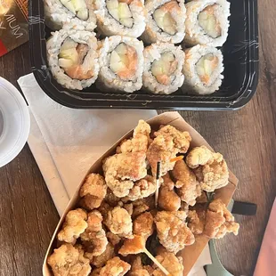 Popcorn chicken, fresh salmon roll