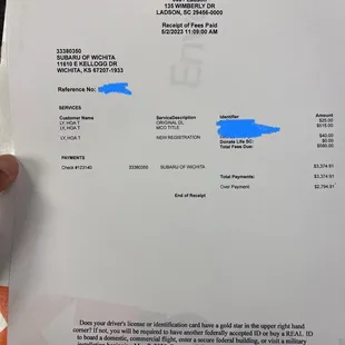 Overpayment receipt from South Carolina DMV