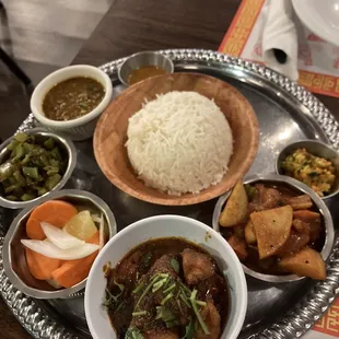Chicken thali and sides (including delicious potato/carrot stew side and lentil stew side)