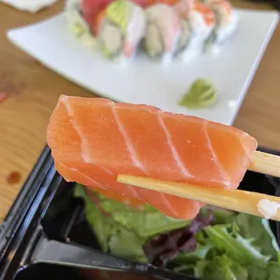 Look how thick this salmon sashimi is. Almost 1 in thick
