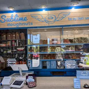 Inside. Counter and doughnut display.