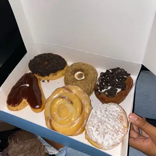 Dirty d, s&apos;mores, Oreo, a town, glazed cinnamon bun, and strawberries and cream