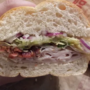 Close up of the innards of a Cali sub.  Turkey, bacon and avocado...tasty!