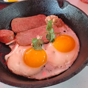 Cha Lua pate and eggs with bread and sausage (minus one sausage)