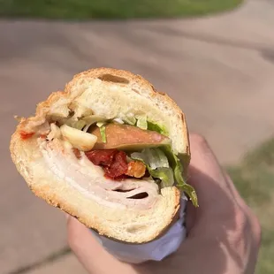 a person holding a sandwich in their hand