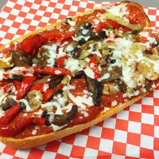 Try OUR &quot;Pizza Sub&quot;, mozzarella, pepperoni, grilled mushrooms, peppers, and onions.