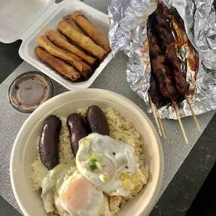 Chicken 10/pc Lumpia Egg Rolls, Breakfast Bowls (longganisa), and BBQ Skewers (chicken)