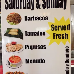 Saturday and Sunday Menu