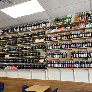 a wall of beer bottles
