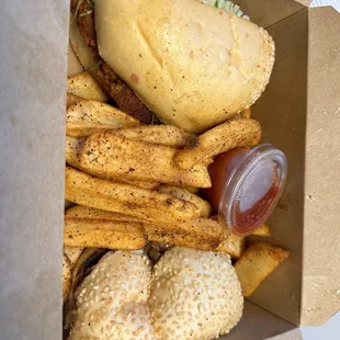 1/2 Spicy Fricken Sandwich and 1/2 Mushroom Philly Cheezesteak Sandwich