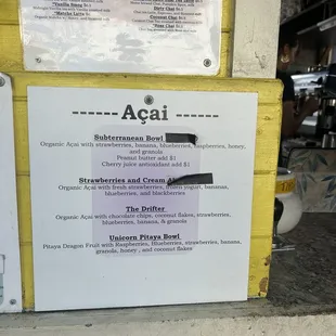 Acai menu