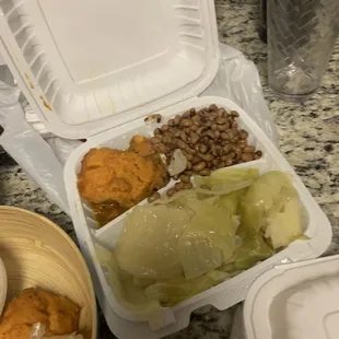 The veggie plate (sweet potato/ yams, black eyed peas, and cabbage