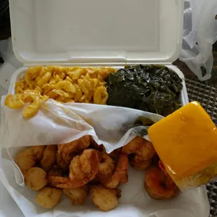 Shrimp, scallops, Mac and cheese, greens, cornbread