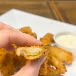 Close up of the Frickle. True pickle spears would have been much better! Flavor of breading was good, ranch wasn&apos;t great.