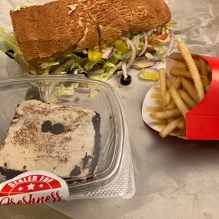 Light Warrior sandwich, vegan chocolate expresso cake dessert (fries not from Sub Vegan, but makes a nice touch :)