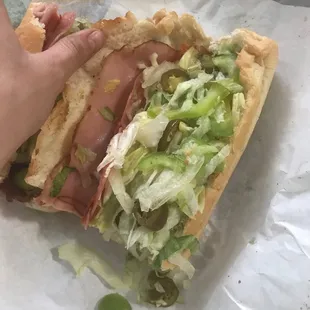 a person&apos;s hand holding a sub sandwich