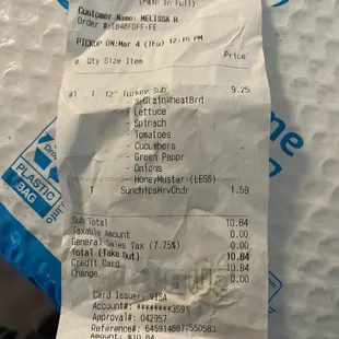 a receipt for a ticket to pick up