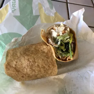 The pesto rotisserie chicken wrap w/ avocado, pepper jack cheese and extra jalapenos