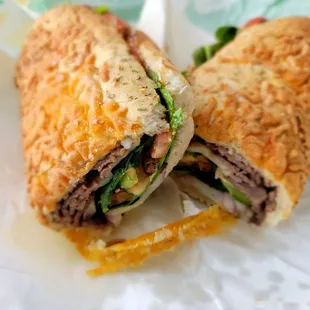 Steak &amp; Cheese (Italian herb &amp; Cheese bread). Absolutely delicious. Well done steak.