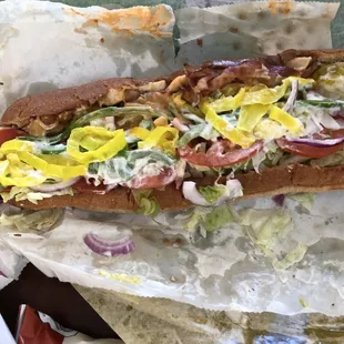 a sub sandwich on a wrapper