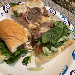 Read barely toasted. Amount of steak on sandwich