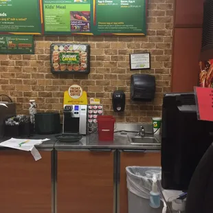 the counter area of a fast food restaurant