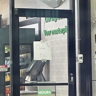 Online orders till 9 pm sign.