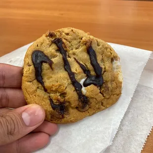 a hand holding a chocolate chip cookie