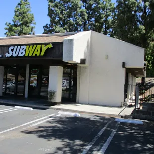 the entrance to a subway restaurant