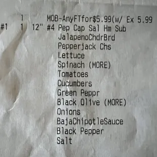 Receipt for sandwich. Wrong sandwich provided...