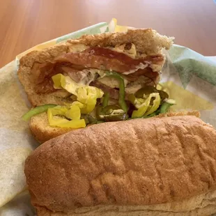 a sandwich and a drink on a table